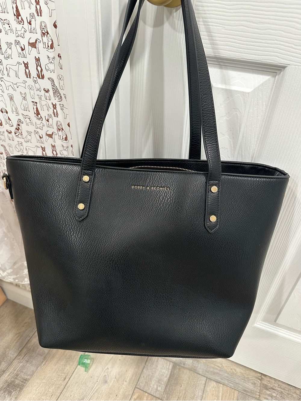 Poppy & Peonies Black Pebbled Leather Tote with Gold Hardware